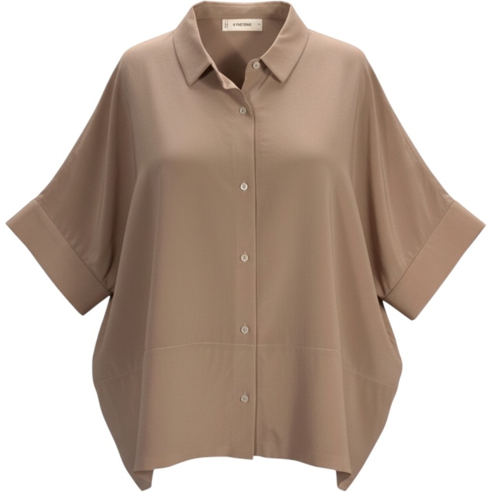 Everlane Clean Silk Square Shirt Tan Taupe 100% Silk Short Sleeve Size 14